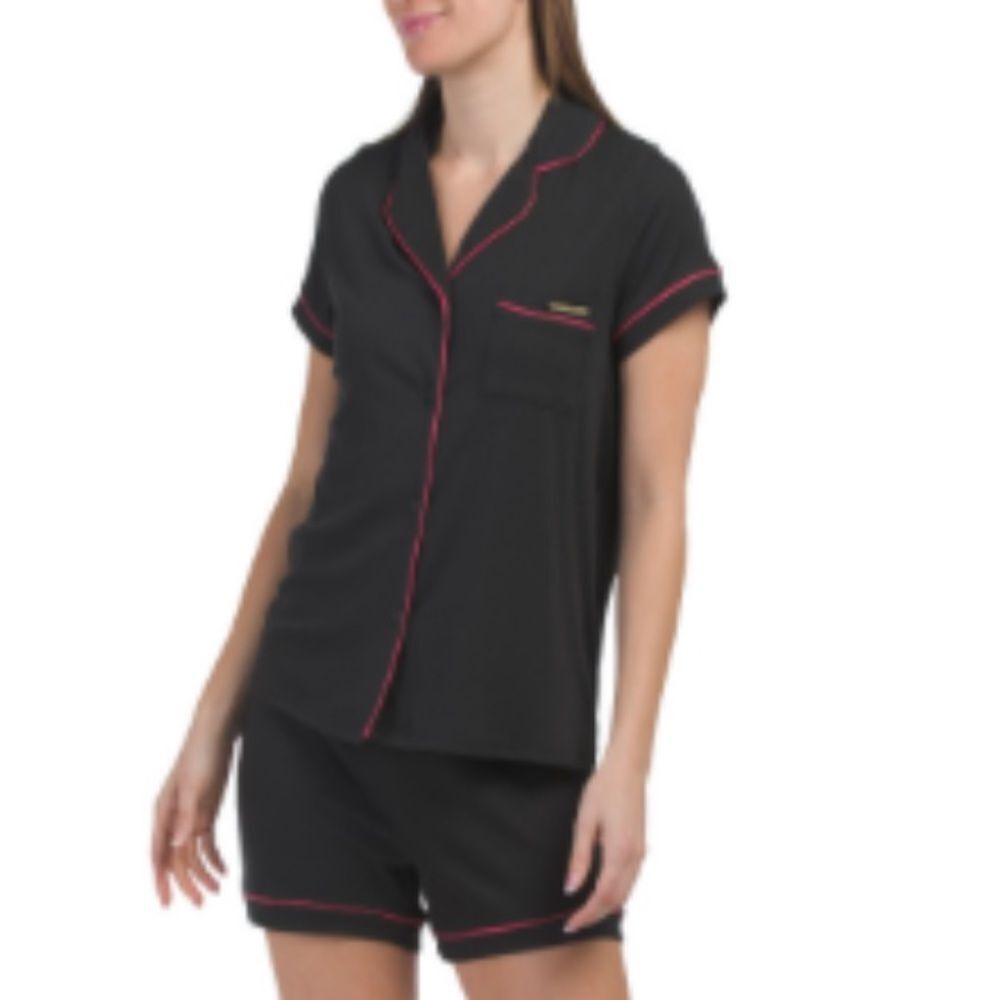 Coming soon L Black Notch Collar Ribbed Short Sleeve Shorts PJ Set